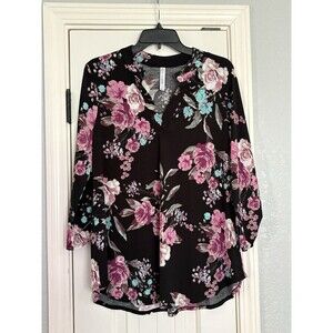 Dear Scarlett Lizzy Blouse Womens Medium Relaxed Black Pink‎ Floral Hi-Low Top